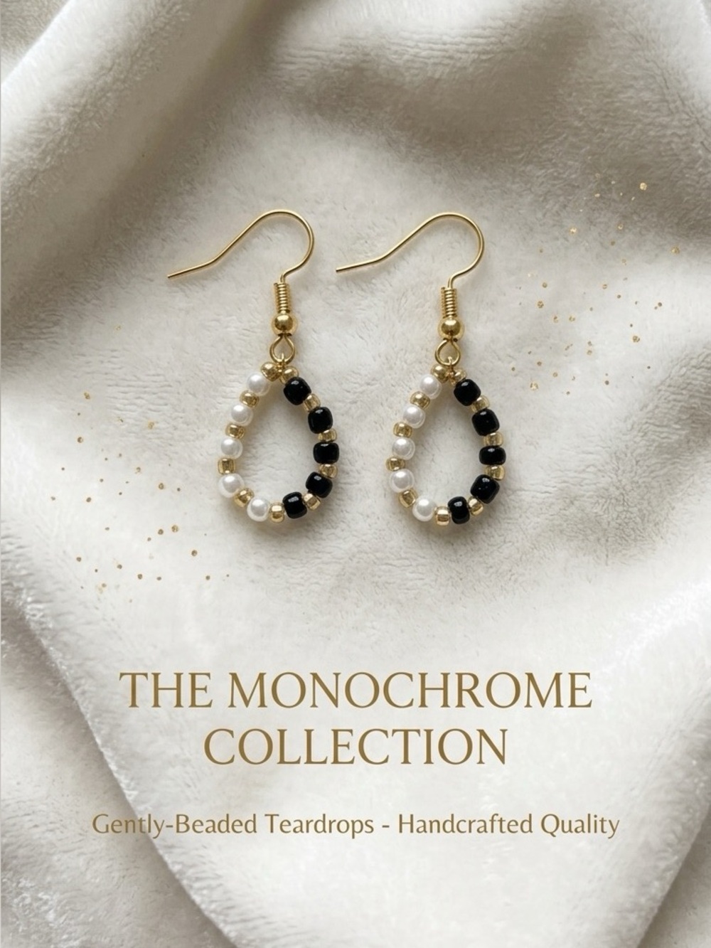 ❤️Handcrafted Gold Teardrop Earrings with Black & White Beads